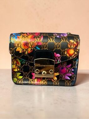 Valentino By Mario Valentino Black Floral Crossbody with Gold Lock